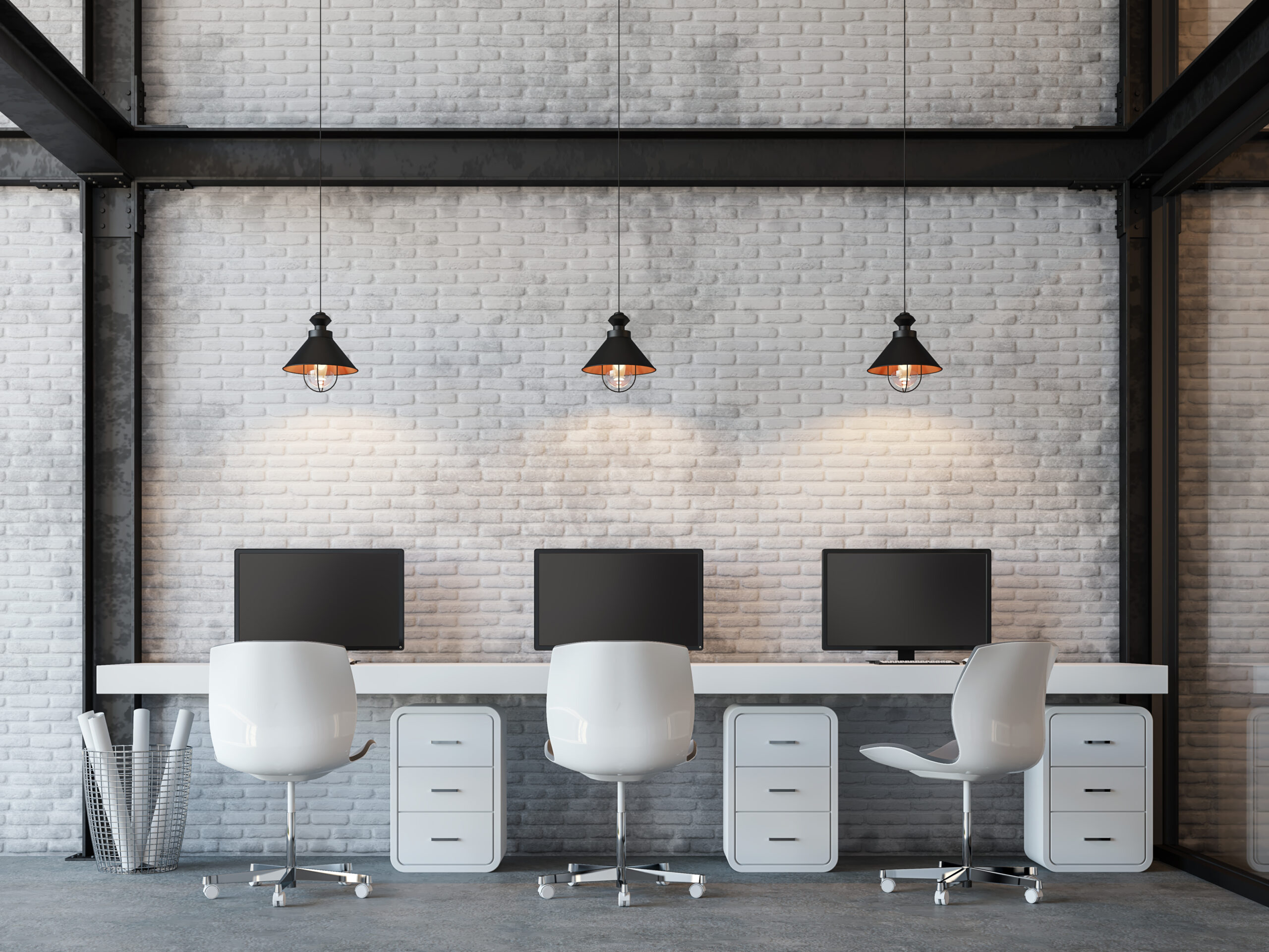 Work Space with White Brick layout and Black Beam and Pendants